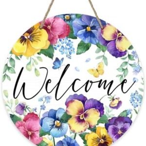 Welcome Spring Summer Floral Flowers Front Door Sign, Pansy Forget Me Not Wood Door Hanger Outdoor Outside Porch Decor, Butterfly Seasonal Wooden Wreath Indoor Wall Hanging Decoration