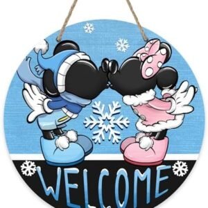 Welcome Winter Cartoon Mouse Front Door Sign, Blue Snowflake Wood Door Hanger Outdoor Outside Porch Decor, Christmas Holiday Seasonal Wooden Wreath Indoor Wall Hanging Decoration