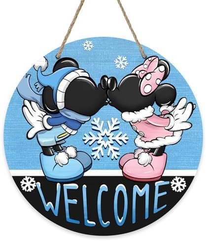 Welcome Winter Cartoon Mouse Front Door Sign, Blue Snowflake Wood Door Hanger Outdoor Outside Porch Decor, Christmas Holiday Seasonal Wooden Wreath Indoor Wall Hanging Decoration