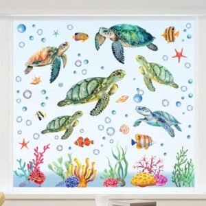 Whaline 6 Sheet Summer Window Clings Watercolor Sea Turtle Window Decals Ocean Animals Double-Sided Window Decor for School Home Office Bedroom Decor Party Supplies