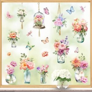 Whaline 9 Sheets Spring Summer Window Clings Watercolor Flower Vase Butterfly Window Decor Aesthetic Seasonal Floral Window Decor for Home Shop Office School Decor Party Supplies