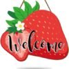 Whaline Strawberry Wood Hanging Welcome Door Sign Summer Fruit Theme Wall Plague Seasonal Front Door Hanger Sign Decor for Housewarming Gift Indoor Outdoor Home Farmhouse Porch