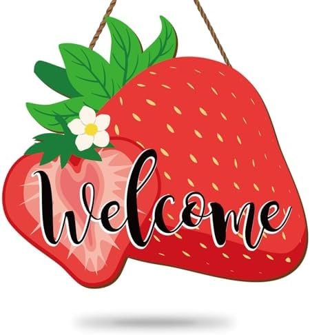 Whaline Strawberry Wood Hanging Welcome Door Sign Summer Fruit Theme Wall Plague Seasonal Front Door Hanger Sign Decor for Housewarming Gift Indoor Outdoor Home Farmhouse Porch