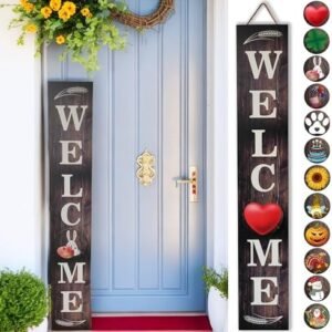 Wind-withstand Tall Welcome Sign for Front Door Porch Standing,12 Seasonal Signs Interchangeable for Holidays and Seasons, Vertical Wood Porch Decor Signs,Heavyweight,47 Inch (Gray)