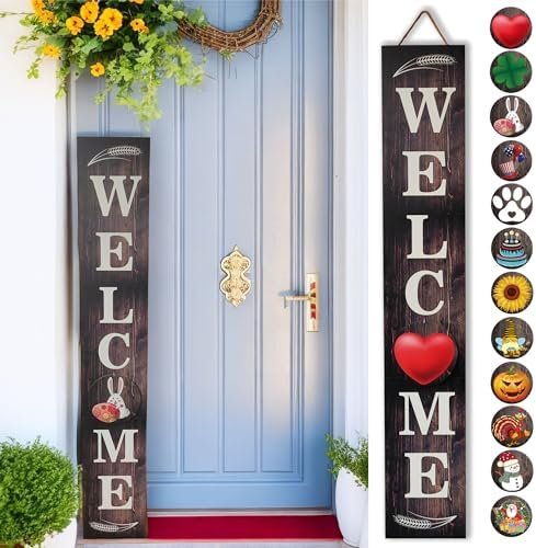 Wind-withstand Tall Welcome Sign for Front Door Porch Standing,12 Seasonal Signs Interchangeable for Holidays and Seasons, Vertical Wood Porch Decor Signs,Heavyweight,47 Inch (Gray)