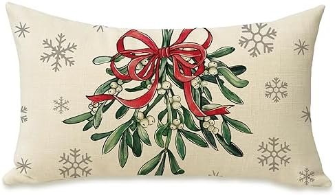 Winter Lumbar Decorative Rectangle Pillow Cover 12x20, Holly Berries Red Bow Snowflake Porch Patio Outdoor Pillowcase, Christmas Holiday Seasonal Farmhouse Sofa Couch Cushion Case Home Decor