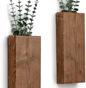 Wood Wall Planter Set of 2, Walnut, Modern Farmhouse Decor for Indoor Greenery and Dried Flowers