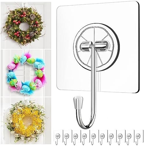 Wreath-Hangers-for-Front-Door,Large Clear Wreath-Door-Hanger-Easter-Christmas-Halloween-Decorations,60lb Over-The-Door-Hooks Glass Door,Adhesive-Wall-Hooks for Hanging Wreath Home-Decor Inside Outside