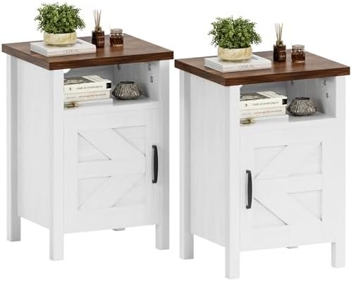 YESHOMY Farmhouse Modern Nightstand with Shelf and Barn Door, Set of 2 for Bedroom, White