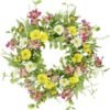 YNYLCHMX 18" Spring Wreahths for Front Door Summer Wreath with Butterflies, Green Eucalyptus Leaves, Yellow Daisies, Artificial Wreath Green Foliage Wreath for Wall Farmhouse Party Holiday Home Decor