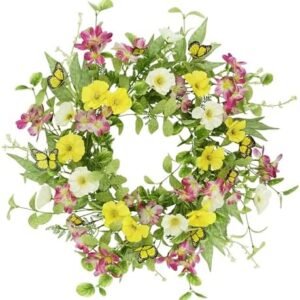 YNYLCHMX 18" Spring Wreahths for Front Door Summer Wreath with Butterflies, Green Eucalyptus Leaves, Yellow Daisies, Artificial Wreath Green Foliage Wreath for Wall Farmhouse Party Holiday Home Decor