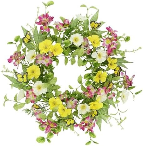 YNYLCHMX 18" Spring Wreahths for Front Door Summer Wreath with Butterflies, Green Eucalyptus Leaves, Yellow Daisies, Artificial Wreath Green Foliage Wreath for Wall Farmhouse Party Holiday Home Decor