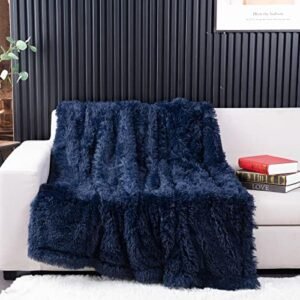 YUSOKI Navy Blue Faux Fur Throw Blanket,2 Layers,50" x 60" Cozy Plush Fluffy Blanket Furry Fuzzy Warm Cute Shaggy Blanket for Fall Bed Living Room Décor Baby Women Pet