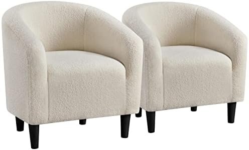 Yaheetech Barrel Chairs, Furry Accent Chairs, Sherpa Cozy Modern Chairs with Soft Padded Armrest, Fuzzy Club Chairs for Living Room Bedroom Waiting Room Office Ivory, Set of 2