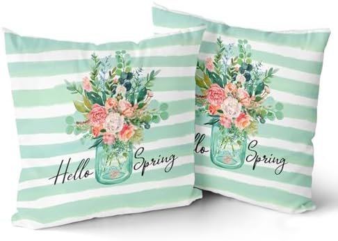 aportt Spring Pillow Covers 18×18 Inch Set of 2 Green Plaid Vase Flowers Seasonal Decorative Indoor Throw Pillow Covers Cushion Cover for Spring Summer Home Decor Bedroom Living Room Couch Sofa Bed