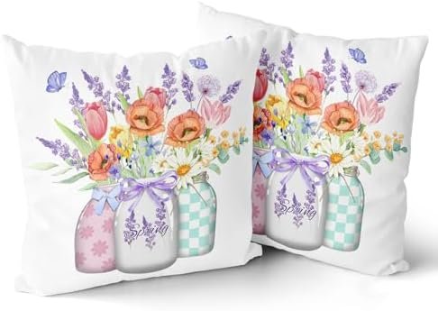 aportt Spring Pillow Covers 18×18 Inch Set of 2 Wildflowers Lavender Seasonal Decorative Indoor Throw Pillow Covers Cushion Cover for Home Decor Bedroom Living Room Couch Sofa Bed