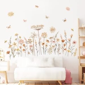 decalmile Boho Flower Wall Decals Wildflower Floral Dandelion Grass Wall Stickers Baby Nursery Girls Bedroom Kids Room Wall Decor