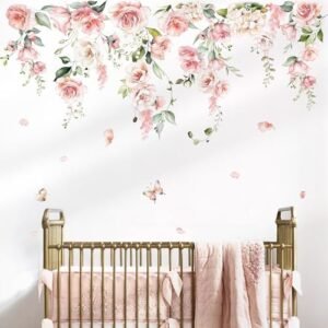 decalmile Spring Large Pink Flower Wall Decals Hanging Vine Floral Wall Stickers Baby Nursery Girls Bedroom Living Room Wall Decor