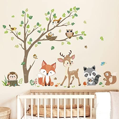 decalmile Woodland Animals Tree Wall Stickers Fox Deer Owl Wall Decals Baby Nursery Kids Bedroom Living Room Wall Decor