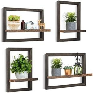 idee-home Floating Shelves for Wall, Rustic Square Floating Shelves Set of 4 Wood Wall Shelves, Hanging Shelves for Wall Decor Mounted Shelves Bathroom, Living Room, Kitchen Storage Black