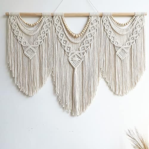 large macrame wall hanging - Boho Tapestry Macrame Wall Decor Art- Chic Bohemian Handmade Woven Tapestry Home Decoration for Bedroom Living Room Apartment Wedding Party - 43"x32" (Wood bead)