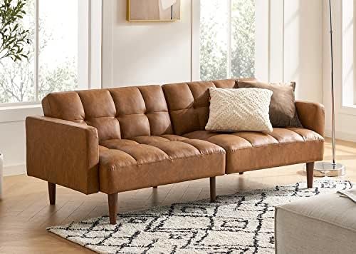 mopio Aaron Couch, Small Sofa, Futon, Sofa Bed, Sleeper Sofa, Loveseat, Mid Century Modern Futon Couch, Sofa Cama, Couches for Living Room, Bedroom 77.5" (Pecan Brown Faux Leather)