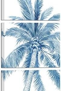 sechars 3 Piece Palm Tree Canvas Wall Art Modern Navy Blue Bathroom Decor Tropical Botanical Painting Picture Print Coastal Theme Living Room Blue Decorations