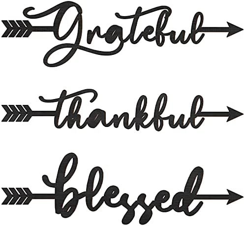 3 Pcs Thankful Grateful Blessed Cutout Sculptures Arrow Signs Rustic Wall Art Ornaments Blessed Thankful Grateful Word Signs Wood Decorative Accent Decors for Farmhouse Kitchen Living Room (Black)