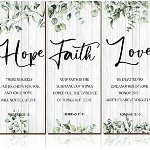 3 Pieces Faith Hope Love Wall Decor Bible Verse Inspirational Wall Art Hanging Wall Plaque Rustic Wooden Green Leaves Wall Sign Scripture Quote for Home Bedroom Wall Decoration