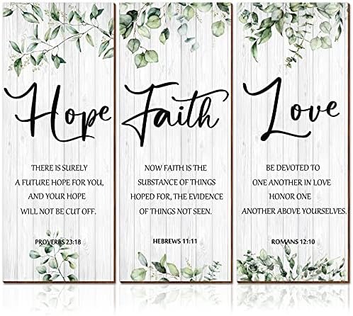 3 Pieces Faith Hope Love Wall Decor Bible Verse Inspirational Wall Art Hanging Wall Plaque Rustic Wooden Green Leaves Wall Sign Scripture Quote for Home Bedroom Wall Decoration