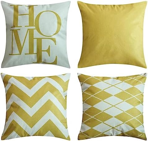 AMZ-NATURALIFE Outdoor Summer Throw Pillow Covers 18x18 Set of 4 Geometry Yellow Square Cushion Cases Modern Decorative Stripes Wave Home Decor for Bench Couch Sofa Living Room Bedroom