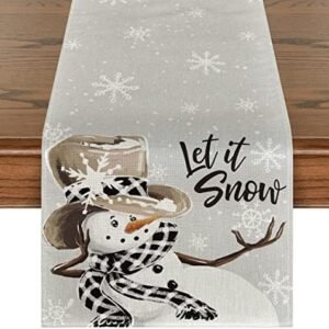 Artoid Mode Grey Snowman Snowflake Let it Snow Christmas Table Runner, Seasonal Winter Kitchen Dining Table Decor for Home Party Indoor 13x108 Inch