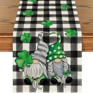 Artoid Mode Lucky Shamrock Gnome St. Patrick's Day Table Runner, Seasonal Spring Buffalo Plaid Holiday Kitchen Dining Table Decoration for Home Party Decor 13x120 Inch