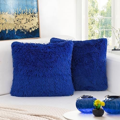 BBiggood Royal Blue Throw Pillow Covers for Couch, Pack of 2 Luxury Soft Faux Fur Throw Pillow Covers Home Decor Pillows for Couch Living Room Bed Furry Plush Pillow Cover Set, 16 x 16 Inch