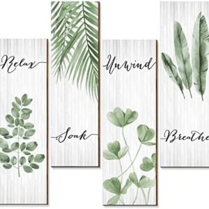 Bathroom Wall Decor 4 Pieces Relax Soak Unwind Breathe with Boho Leaf Art Print Minimalist Bathroom Sign Botanical Wooden Hanging Wall Art Decor for Farmhouse Home Bathroom (Green, 15.7 x 5.2 Inch)