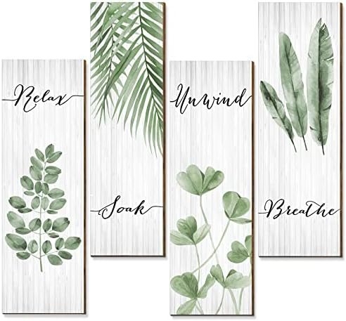 Bathroom Wall Decor 4 Pieces Relax Soak Unwind Breathe with Boho Leaf Art Print Minimalist Bathroom Sign Botanical Wooden Hanging Wall Art Decor for Farmhouse Home Bathroom (Green, 15.7 x 5.2 Inch)