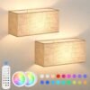 Battery Operated Wall Sconces Set of 2 - Dimmable LED Wall Lights with Remote Control, 15 Color Changeable Wall Mounted Lamps with Fabric Shade, Magnetic LED Wall Light Fixtures for Bedroom Hallway