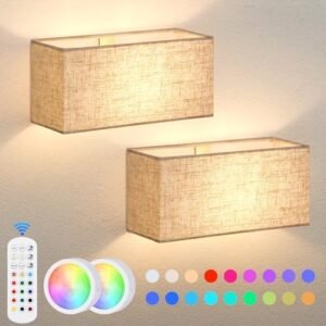 Battery Operated Wall Sconces Set of 2 - Dimmable LED Wall Lights with Remote Control, 15 Color Changeable Wall Mounted Lamps with Fabric Shade, Magnetic LED Wall Light Fixtures for Bedroom Hallway