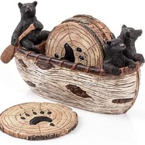 Bear Coasters Set – 6 Full Size Rustic Coasters in Handmade Canoe with Adorable Black Bear Figurines | Black Bear Log Cabin Decorations, Rustic Lodge Decor for The Home