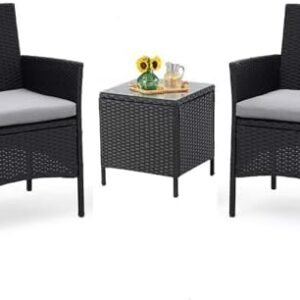 Betterland 3-Piece Patio Bistro Set Outdoor Conversation Set, Black Wicker Porch Chairs Set Garden Furniture with Coffee Table (Grey Cushion)