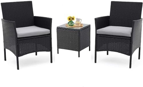 Betterland 3-Piece Patio Bistro Set Outdoor Conversation Set, Black Wicker Porch Chairs Set Garden Furniture with Coffee Table (Grey Cushion)