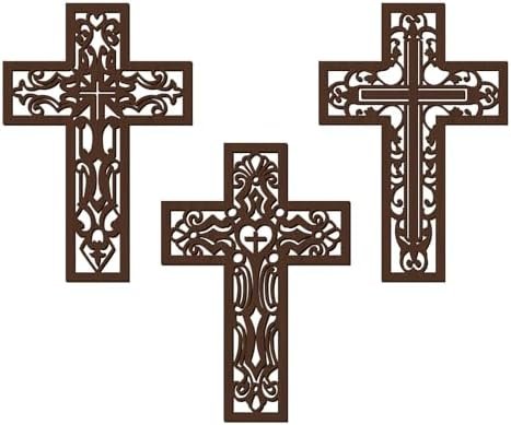 Bnesi 3 Pcs Wooden Cross Wall Home Decor Brown Cross Carved Pattern Crosses Religious Cross Decorations Handmade Antique Wall Crosses for Living Room Church Wedding Office Hospital (Brown)