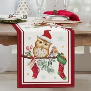 Bonhause Christmas Owl Table Runner 13x90 Inch Bird on Pine Branches Snowflakes Seasonal Winter Holiday Kitchen Dining Table Decoration for Indoor Outdoor Home Party Decor