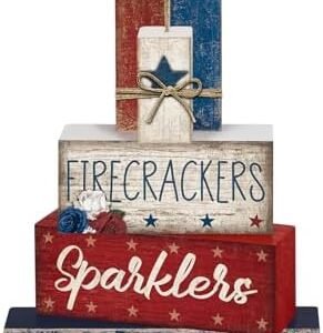 CroBlissful 4 Pcs Memorial Day Decorations Firecrackers Patriotic Tiered Tray Decorations 4th of July Wood Block Rustic Patriotic Sign Farmhouse Gifts for Independence Day Home Table Veterans