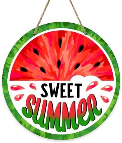 Deroro Sweet Summer Watermelon Front Door Sign, Red Green Wood Door Hanger Outdoor Outside Porch Decor, Seasonal Wooden Wreath Indoor Wall Hanging Decoration