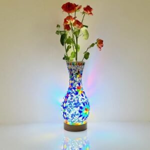 JAITAIK Turkish Moroccan Mosaic Vase Lamp Handmade Table Lamp Glass Vase with Wood Base, USB Plug Dimmable Bedside Lamp, Perfect for Bedroom or Living Room Décor…