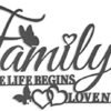 KHayRovies Family Where Life Begins Love Never Ends Word Wall Art Decor, Black Family Metal Wall Sign with Butterflies Heart, Iron Letters Hanging Sculpture for Kitchen Living Room Decoration (A)