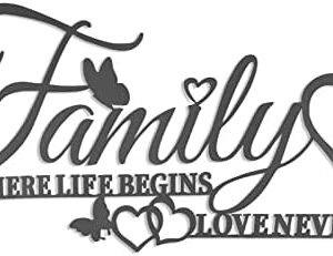 KHayRovies Family Where Life Begins Love Never Ends Word Wall Art Decor, Black Family Metal Wall Sign with Butterflies Heart, Iron Letters Hanging Sculpture for Kitchen Living Room Decoration (A)