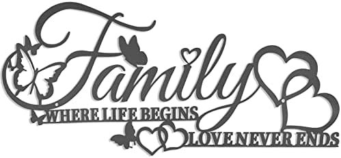 KHayRovies Family Where Life Begins Love Never Ends Word Wall Art Decor, Black Family Metal Wall Sign with Butterflies Heart, Iron Letters Hanging Sculpture for Kitchen Living Room Decoration (A)