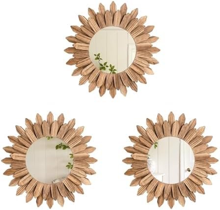 LOSOUR Boho Wall Decor Sunburst Mirror 3 Pack Rustic Round Wood Mirror 12 inch Boho Mirror Home Decor Farmhouse Room Decorations for Bedroom Living Room Entryway